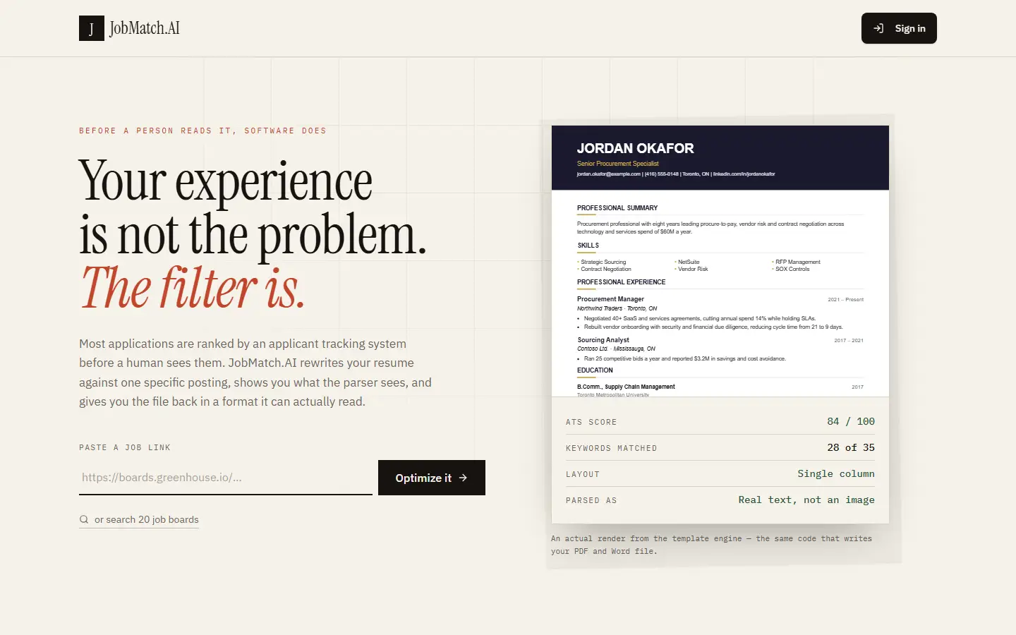 Screenshot of the JobMatch.AI homepage